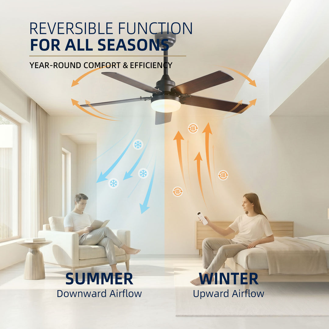 VEYRA 42-inch Modern Ceiling Fan with Light, 5 MDF Blades, DC Motor, 6 Speeds, Downrod Flush Mount for Bedroom, Living Room