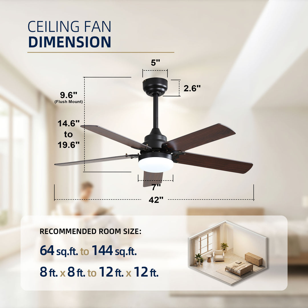 VEYRA 42-inch Modern Ceiling Fan with Light, 5 MDF Blades, DC Motor, 6 Speeds, Downrod Flush Mount for Bedroom, Living Room
