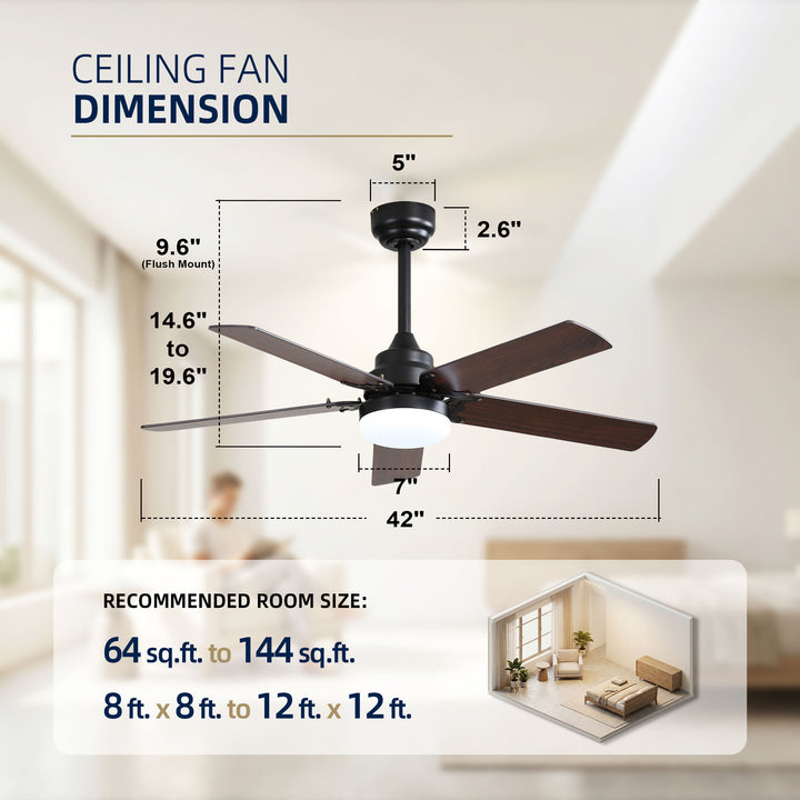 VEYRA 42-inch Modern Ceiling Fan with Light, 5 MDF Blades, DC Motor, 6 Speeds, Downrod Flush Mount for Bedroom, Living Room