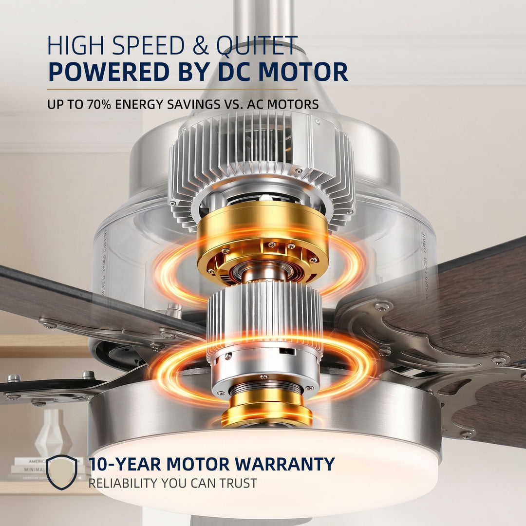 VEYRA 42-inch Modern Ceiling Fan with Light, 5 MDF Blades, DC Motor, 6 Speeds, Downrod Flush Mount for Bedroom, Living Room
