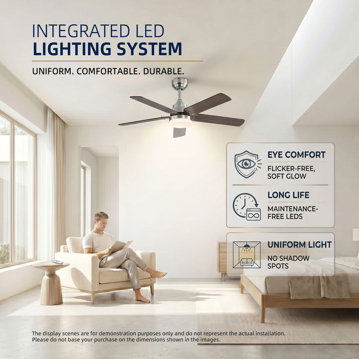 VEYRA 42-inch Modern Ceiling Fan with Light, 5 MDF Blades, DC Motor, 6 Speeds, Downrod Flush Mount for Bedroom, Living Room