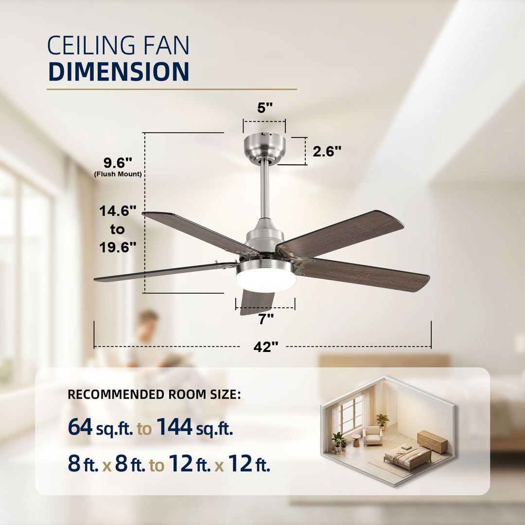 VEYRA 42-inch Modern Ceiling Fan with Light, 5 MDF Blades, DC Motor, 6 Speeds, Downrod Flush Mount for Bedroom, Living Room