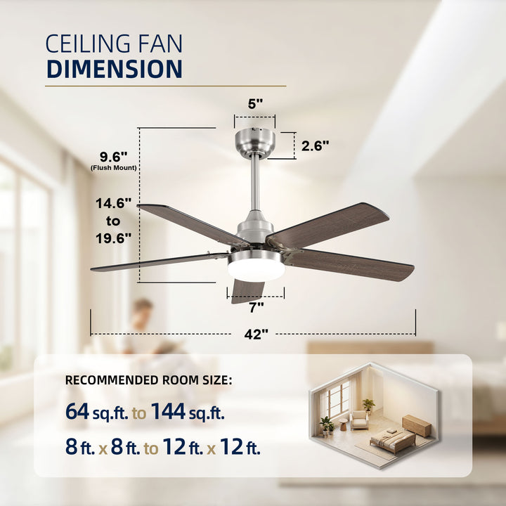 VEYRA 42-inch Modern Ceiling Fan with Light, 5 MDF Blades, DC Motor, 6 Speeds, Downrod Flush Mount for Bedroom, Living Room