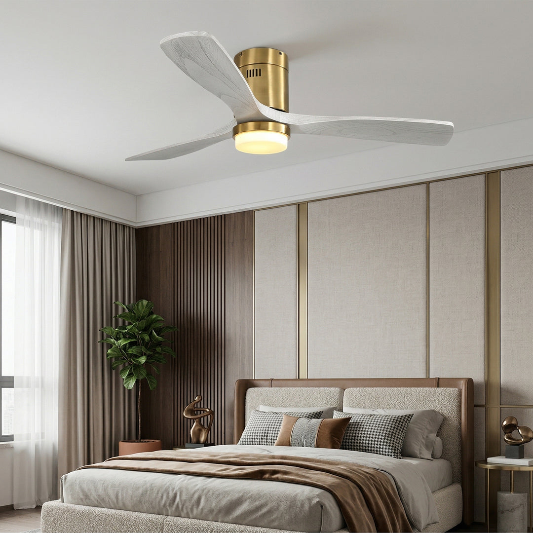 VEYRA 52-inch Modern Ceiling Fan with Light, 3 Solid Wood Blades, DC Motor, 6 Speeds, Flush Mount for Bedroom, Living Room