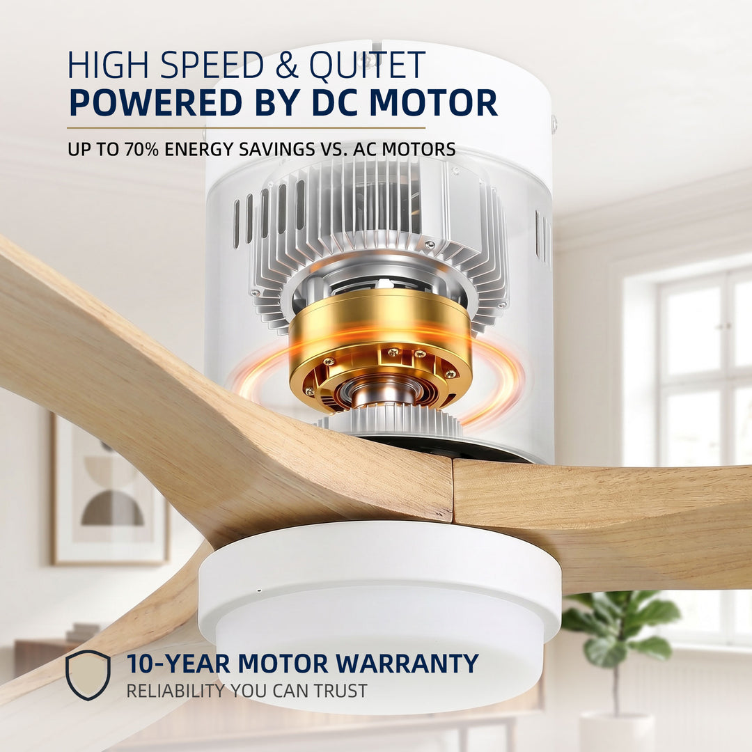 VEYRA 52-inch Modern Ceiling Fan with Light, 3 Solid Wood Blades, DC Motor, 6 Speeds, Flush Mount for Bedroom, Living Room