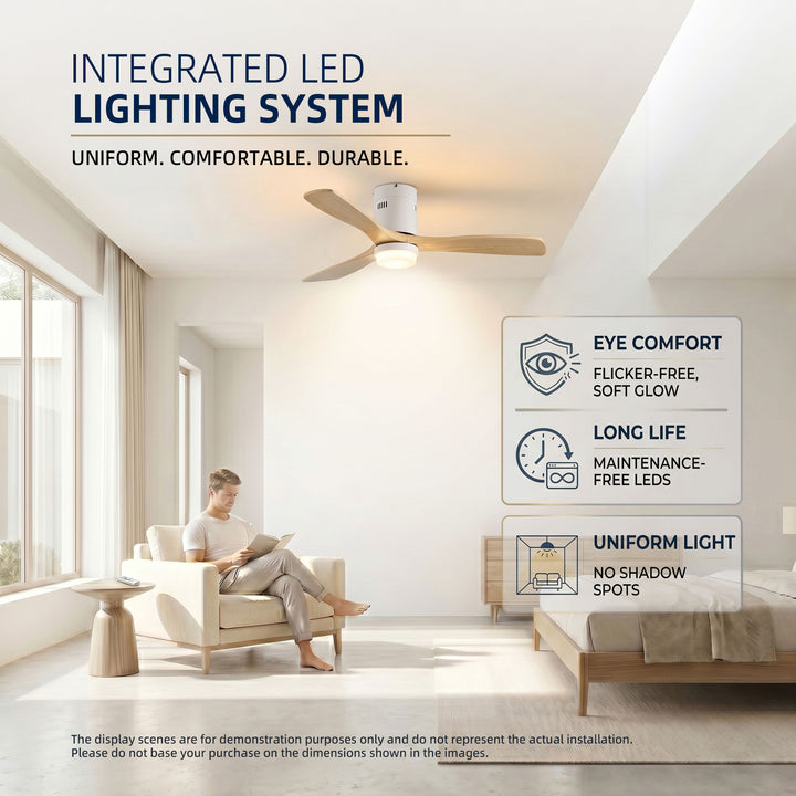 VEYRA 52-inch Modern Ceiling Fan with Light, 3 Solid Wood Blades, DC Motor, 6 Speeds, Flush Mount for Bedroom, Living Room