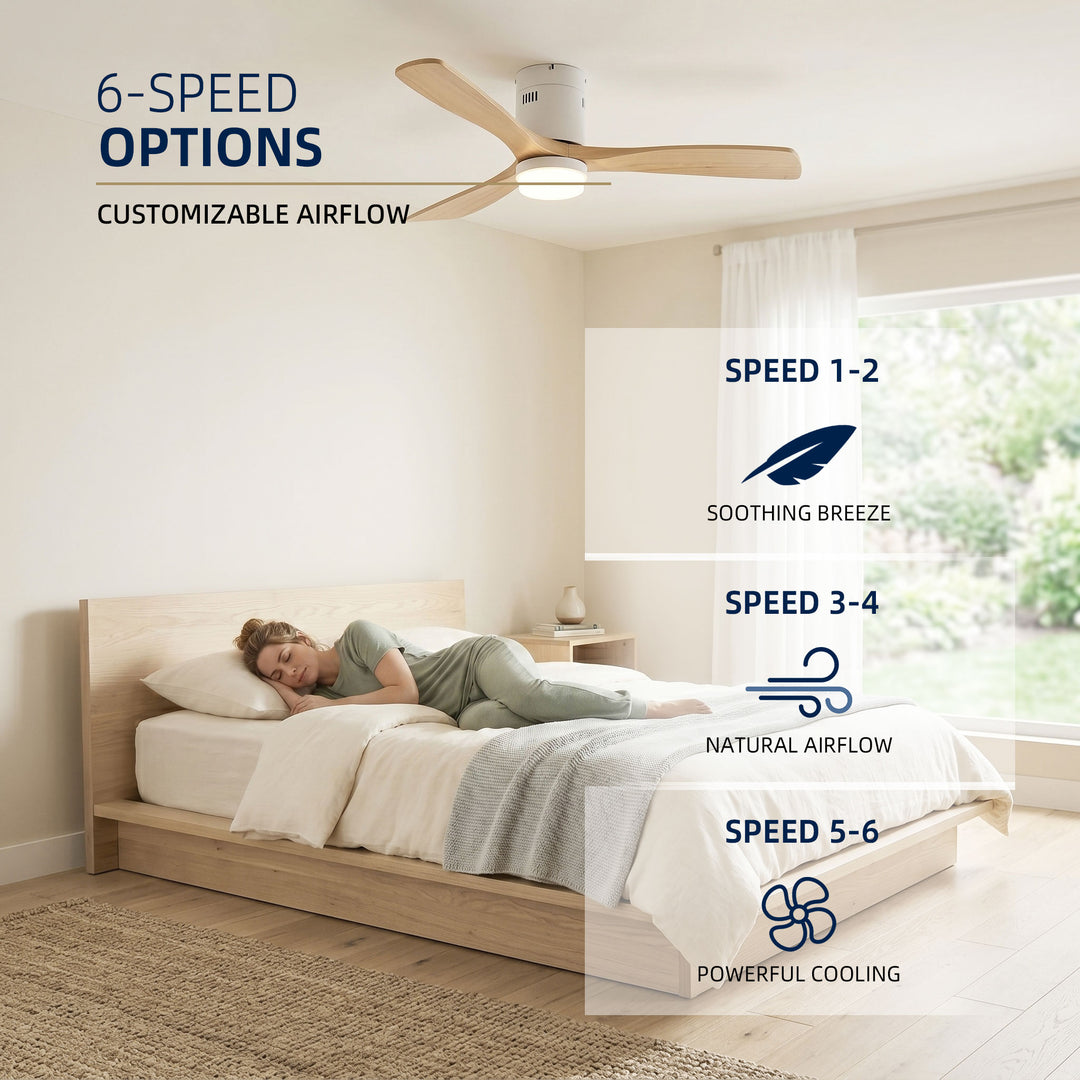 VEYRA 52-inch Modern Ceiling Fan with Light, 3 Solid Wood Blades, DC Motor, 6 Speeds, Flush Mount for Bedroom, Living Room