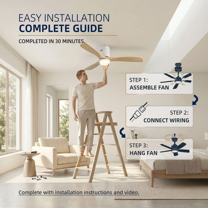 VEYRA 52-inch Modern Ceiling Fan with Light, 3 Solid Wood Blades, DC Motor, 6 Speeds, Flush Mount for Bedroom, Living Room