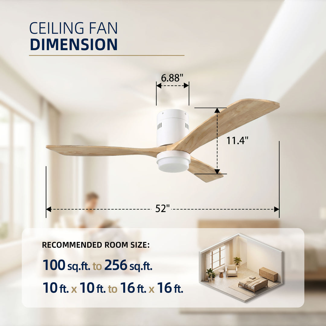 VEYRA 52-inch Modern Ceiling Fan with Light, 3 Solid Wood Blades, DC Motor, 6 Speeds, Flush Mount for Bedroom, Living Room