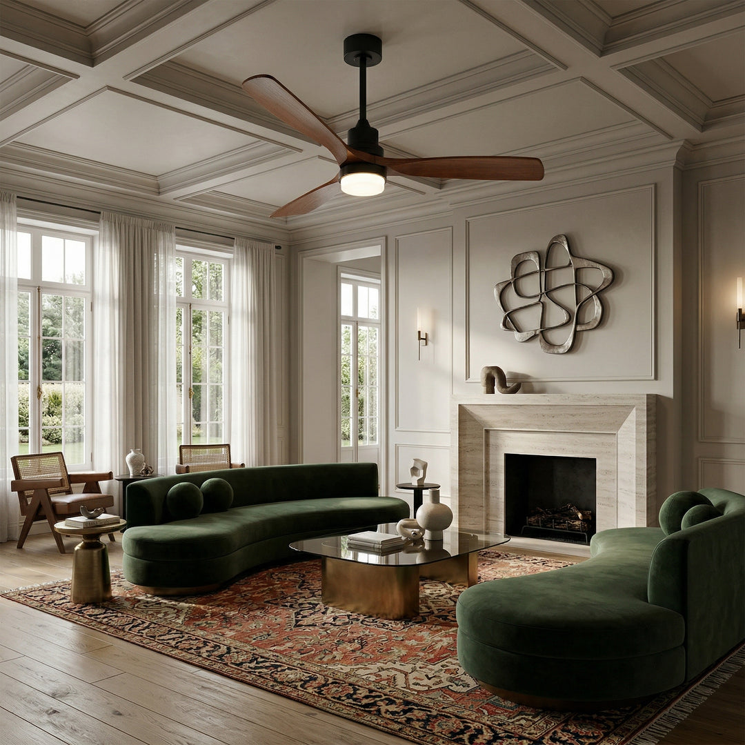 VEYRA 52-inch Modern Ceiling Fan with Light, 3 Solid Wood Blades, DC Motor, 6 Speeds, Downrod Mount for Bedroom, Living Room