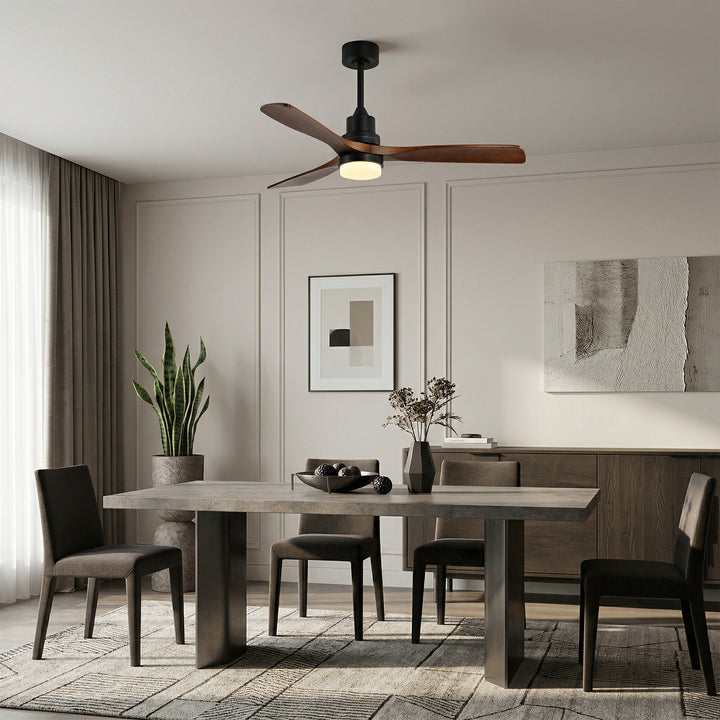 VEYRA 52-inch Modern Ceiling Fan with Light, 3 Solid Wood Blades, DC Motor, 6 Speeds, Downrod Mount for Bedroom, Living Room