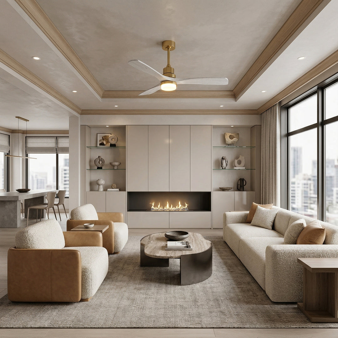 VEYRA 52-inch Modern Ceiling Fan with Light, 3 Solid Wood Blades, DC Motor, 6 Speeds, Downrod Mount for Bedroom, Living Room