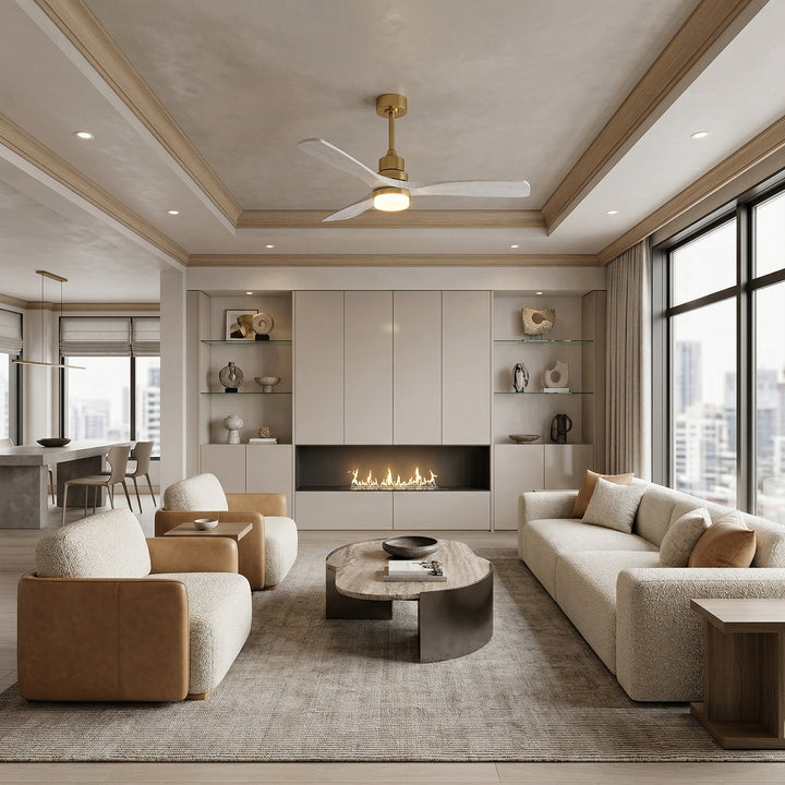 VEYRA 52-inch Modern Ceiling Fan with Light, 3 Solid Wood Blades, DC Motor, 6 Speeds, Downrod Mount for Bedroom, Living Room