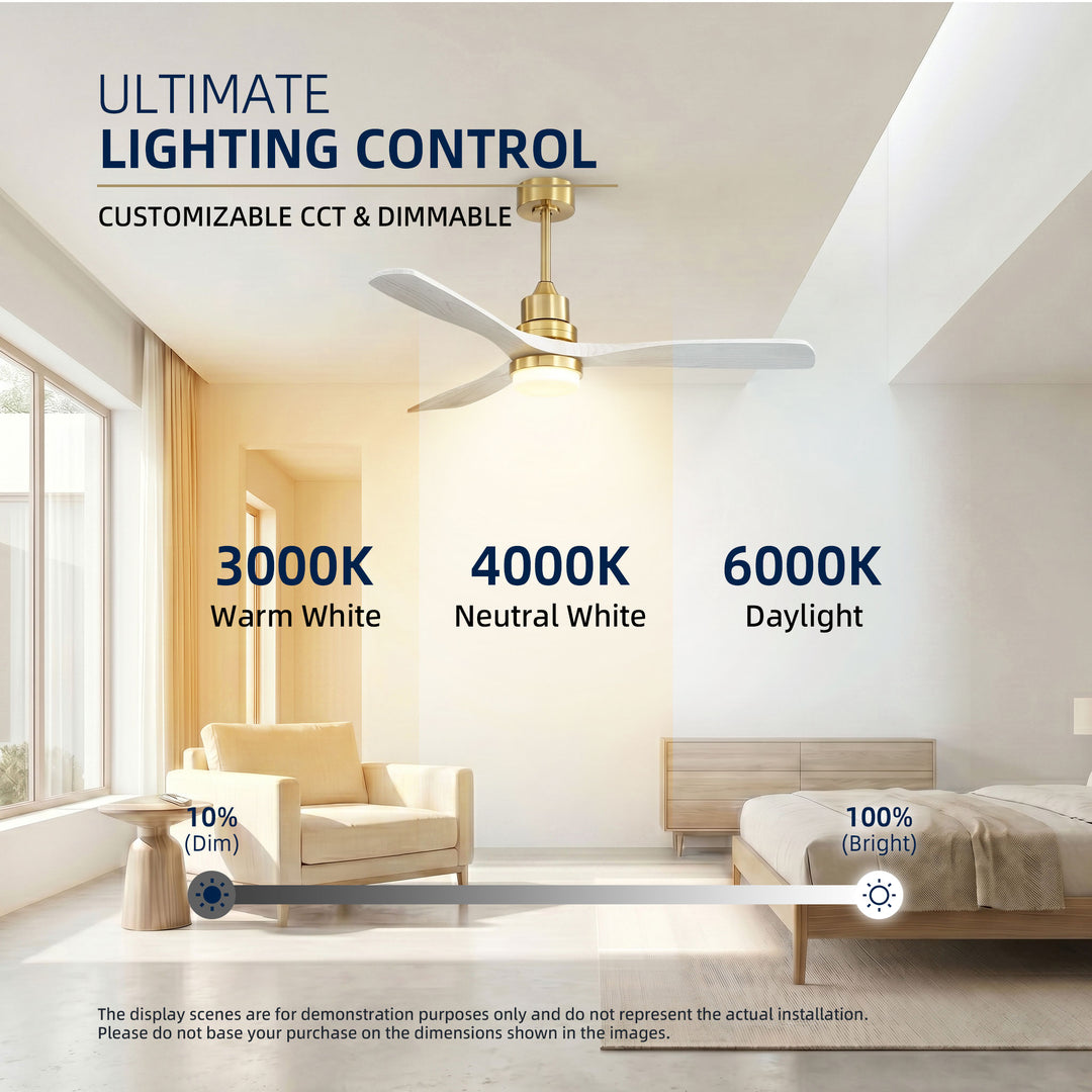 VEYRA 52-inch Modern Ceiling Fan with Light, 3 Solid Wood Blades, DC Motor, 6 Speeds, Downrod Mount for Bedroom, Living Room