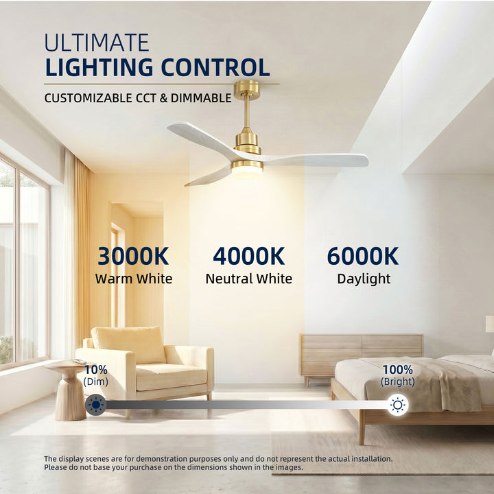 VEYRA 52-inch Modern Ceiling Fan with Light, 3 Solid Wood Blades, DC Motor, 6 Speeds, Downrod Mount for Bedroom, Living Room
