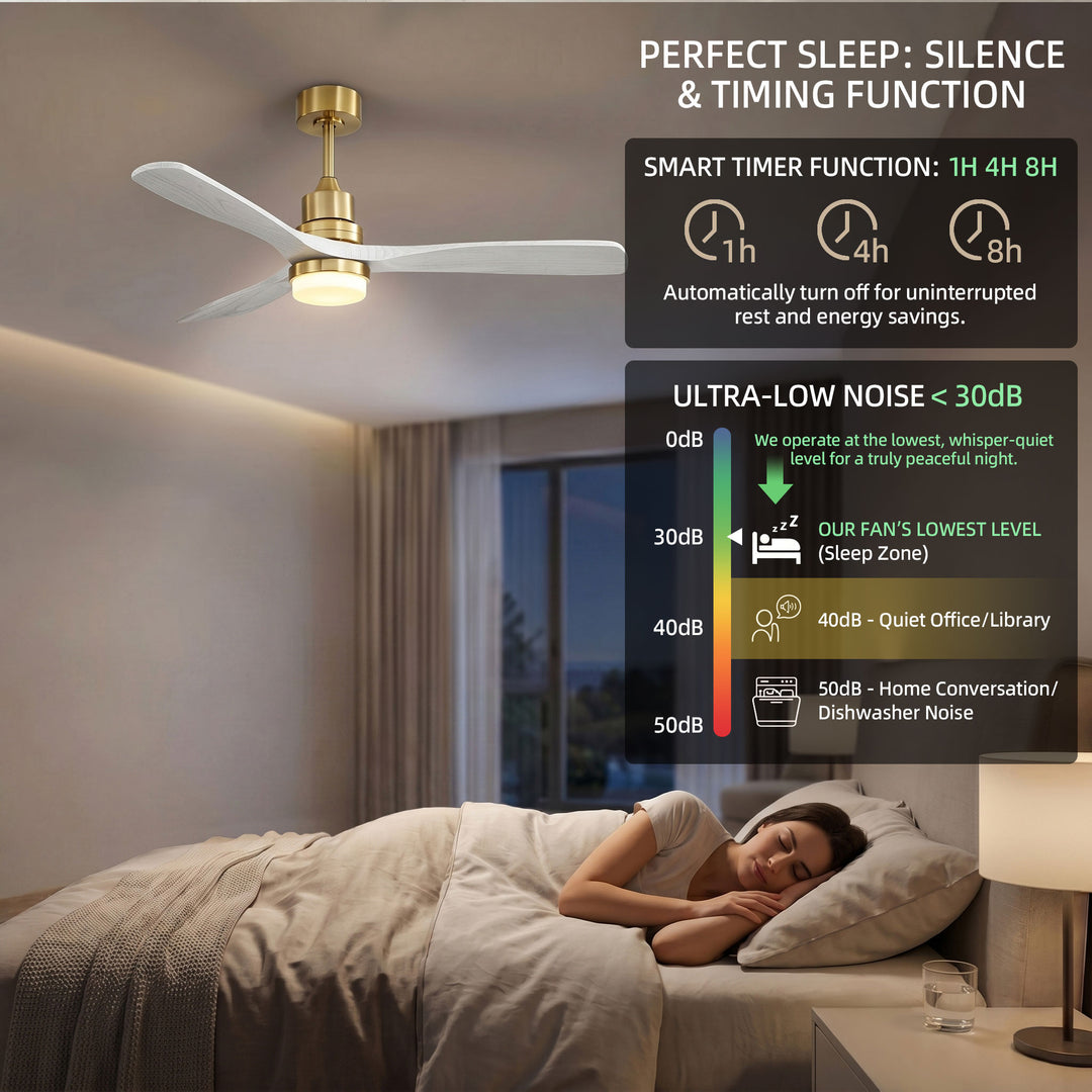 VEYRA 52-inch Modern Ceiling Fan with Light, 3 Solid Wood Blades, DC Motor, 6 Speeds, Downrod Mount for Bedroom, Living Room