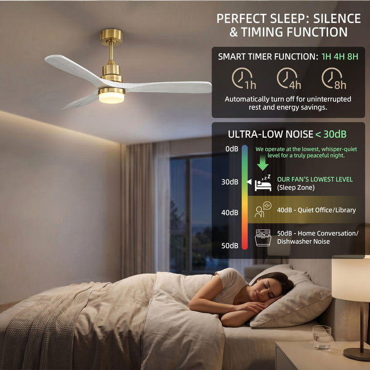 VEYRA 52-inch Modern Ceiling Fan with Light, 3 Solid Wood Blades, DC Motor, 6 Speeds, Downrod Mount for Bedroom, Living Room