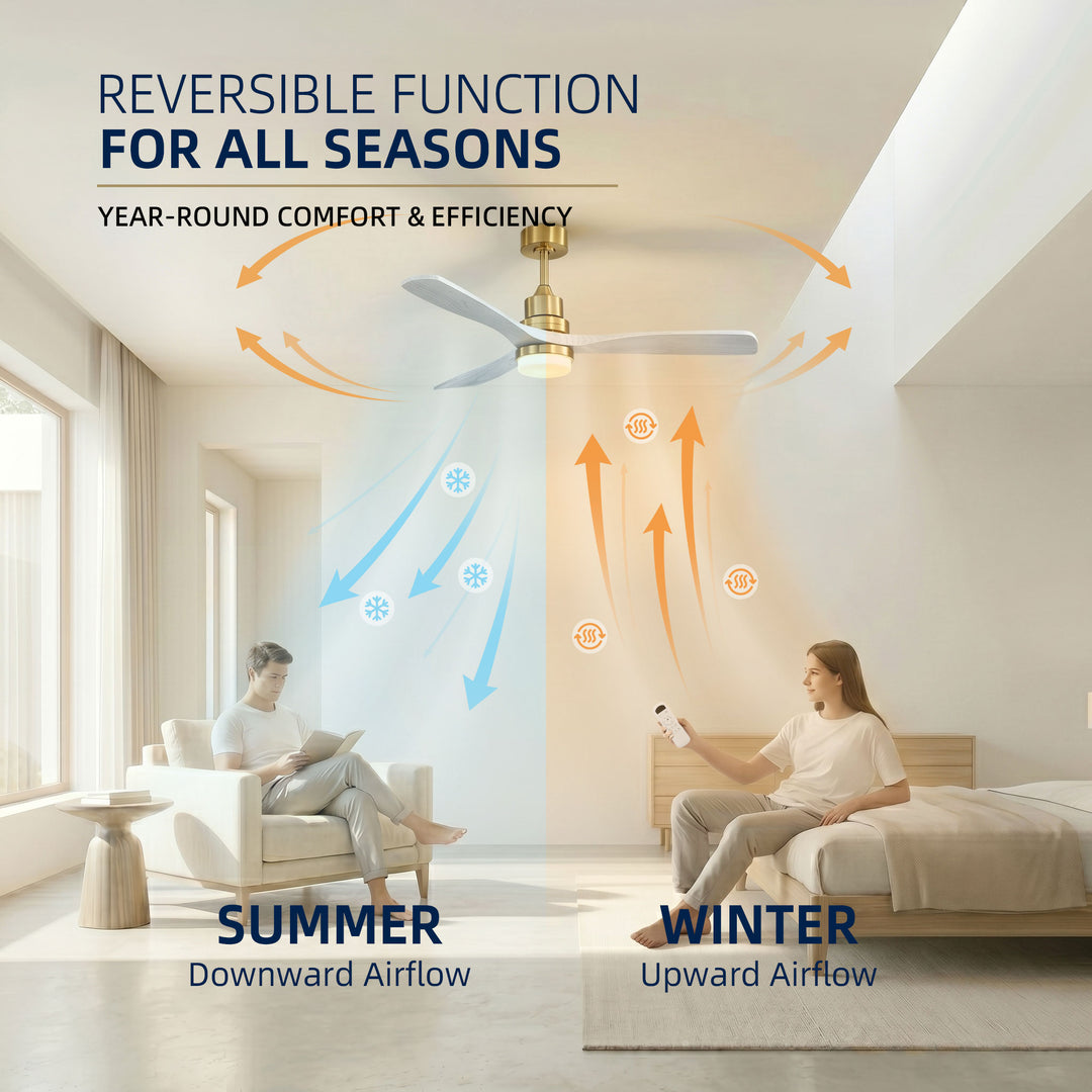 VEYRA 52-inch Modern Ceiling Fan with Light, 3 Solid Wood Blades, DC Motor, 6 Speeds, Downrod Mount for Bedroom, Living Room