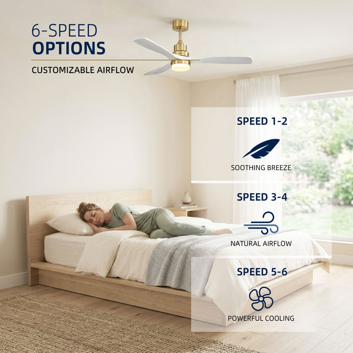 VEYRA 52-inch Modern Ceiling Fan with Light, 3 Solid Wood Blades, DC Motor, 6 Speeds, Downrod Mount for Bedroom, Living Room
