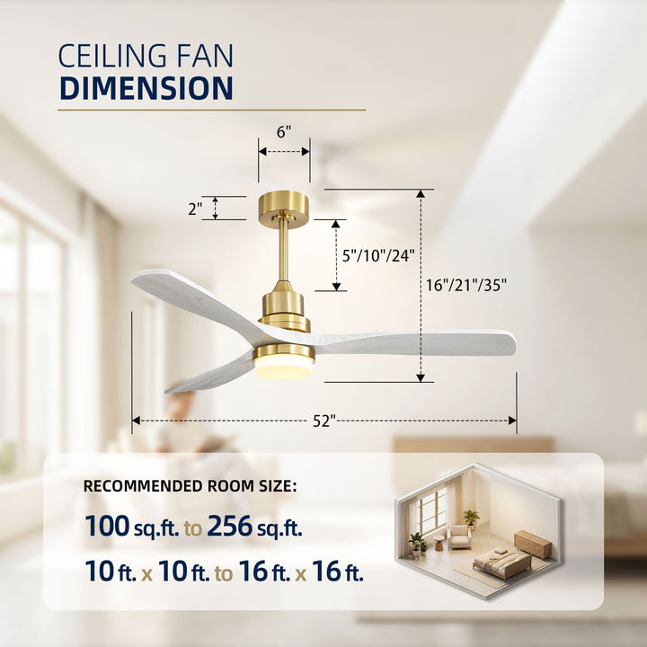 VEYRA 52-inch Modern Ceiling Fan with Light, 3 Solid Wood Blades, DC Motor, 6 Speeds, Downrod Mount for Bedroom, Living Room
