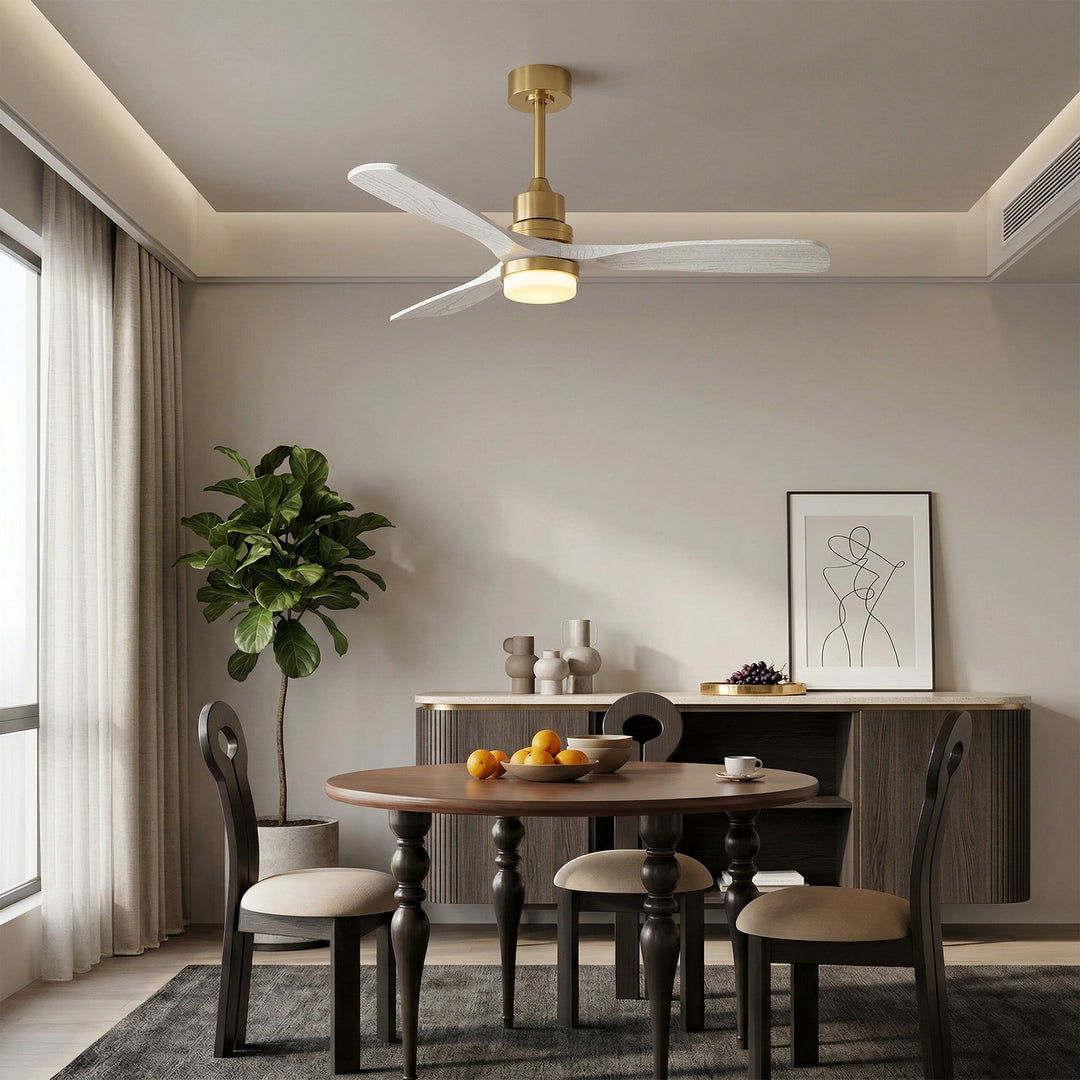 VEYRA 52-inch Modern Ceiling Fan with Light, 3 Solid Wood Blades, DC Motor, 6 Speeds, Downrod Mount for Bedroom, Living Room