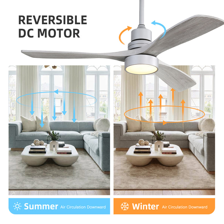 VEYRA 52-inch Modern Ceiling Fan with Light, 3 Solid Wood Blades, DC Motor, 6 Speeds, Downrod Mount for Bedroom, Living Room