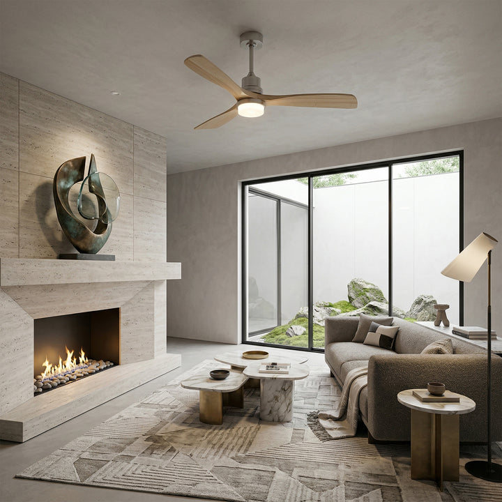 VEYRA 52-inch Modern Ceiling Fan with Light, 3 Solid Wood Blades, DC Motor, 6 Speeds, Downrod Mount for Bedroom, Living Room