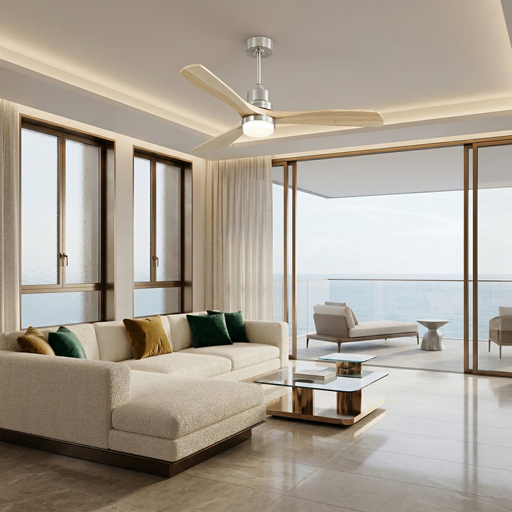 VEYRA 52-inch Modern Ceiling Fan with Light, 3 Solid Wood Blades, DC Motor, 6 Speeds, Downrod Mount for Bedroom, Living Room