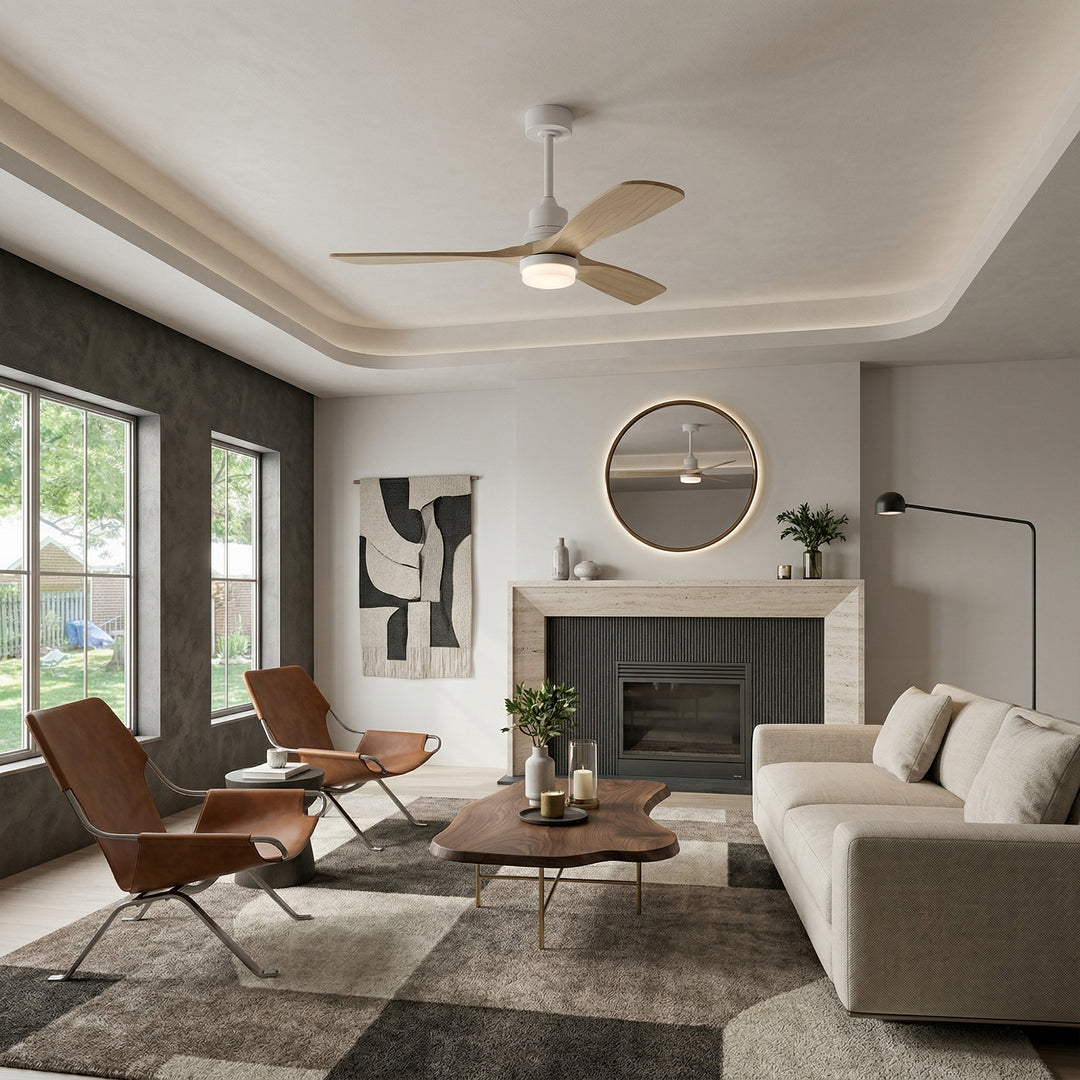 VEYRA 52-inch Modern Ceiling Fan with Light, 3 Solid Wood Blades, DC Motor, 6 Speeds, Downrod Mount for Bedroom, Living Room