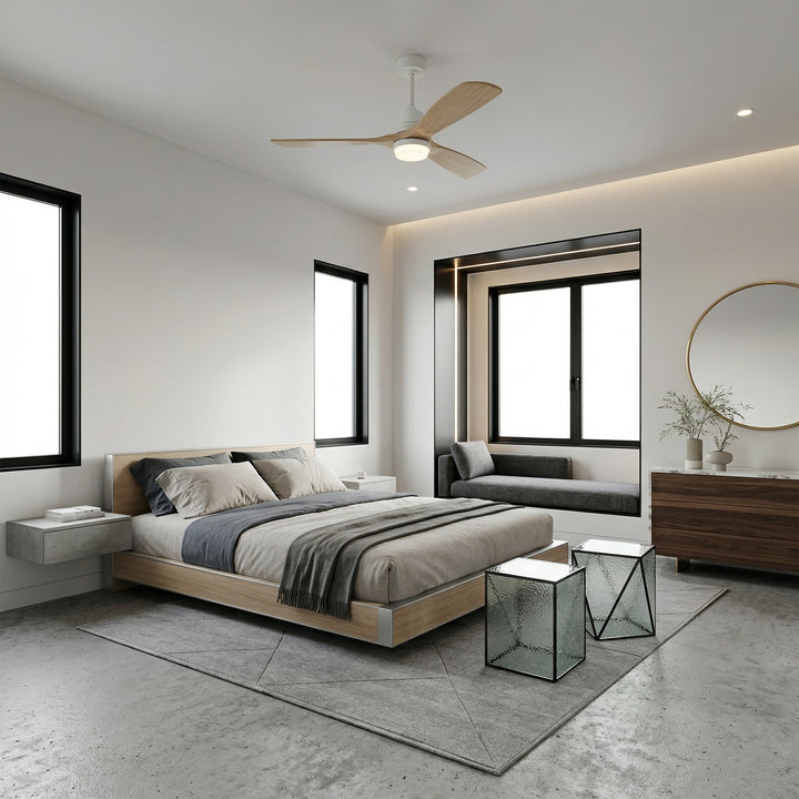 VEYRA 52-inch Modern Ceiling Fan with Light, 3 Solid Wood Blades, DC Motor, 6 Speeds, Downrod Mount for Bedroom, Living Room