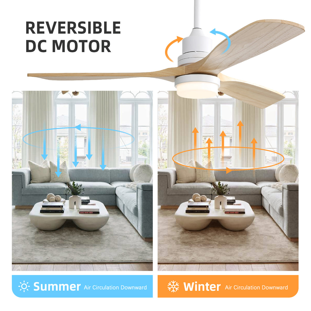 VEYRA 52-inch Modern Ceiling Fan with Light, 3 Solid Wood Blades, DC Motor, 6 Speeds, Downrod Mount for Bedroom, Living Room
