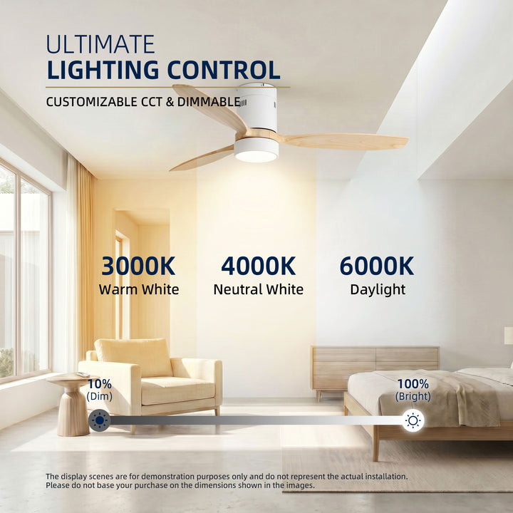 VEYRA 52-inch Modern Ceiling Fan with Light, 3 Solid Wood Blades, DC Motor, 6 Speeds, Flush Mount for Bedroom, Living Room