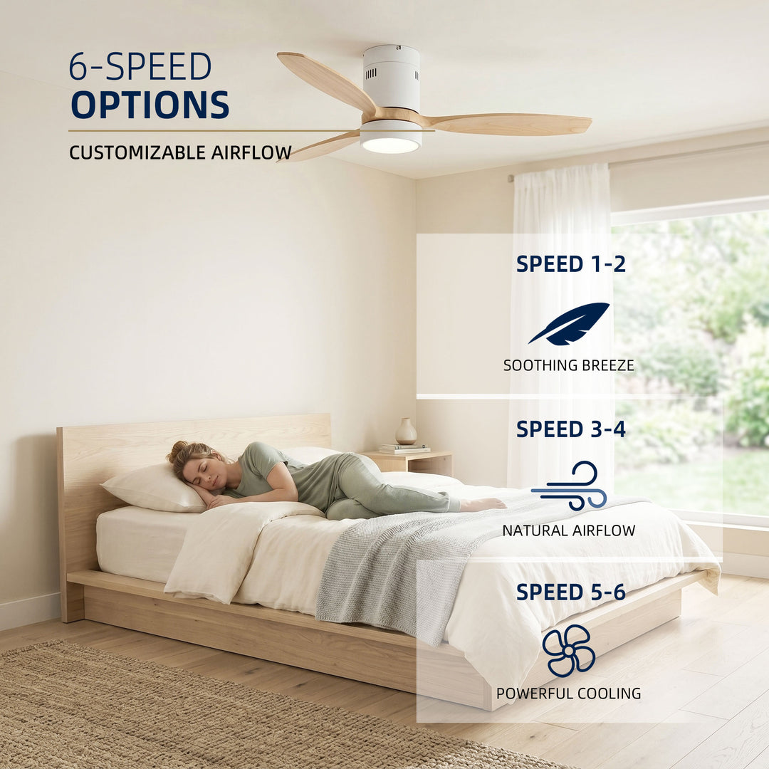 VEYRA 52-inch Modern Ceiling Fan with Light, 3 Solid Wood Blades, DC Motor, 6 Speeds, Flush Mount for Bedroom, Living Room