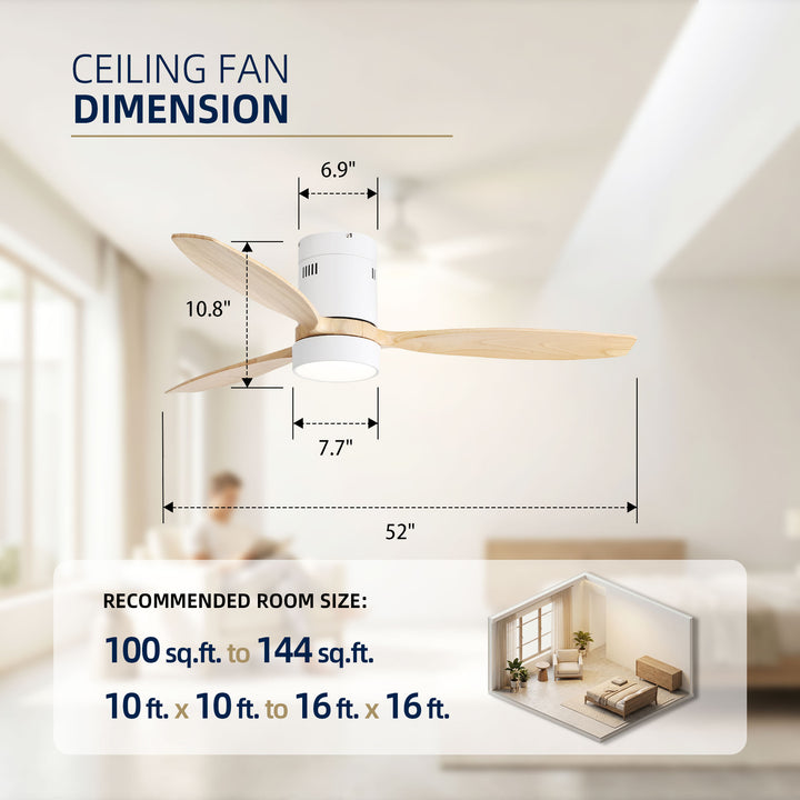 VEYRA 52-inch Modern Ceiling Fan with Light, 3 Solid Wood Blades, DC Motor, 6 Speeds, Flush Mount for Bedroom, Living Room