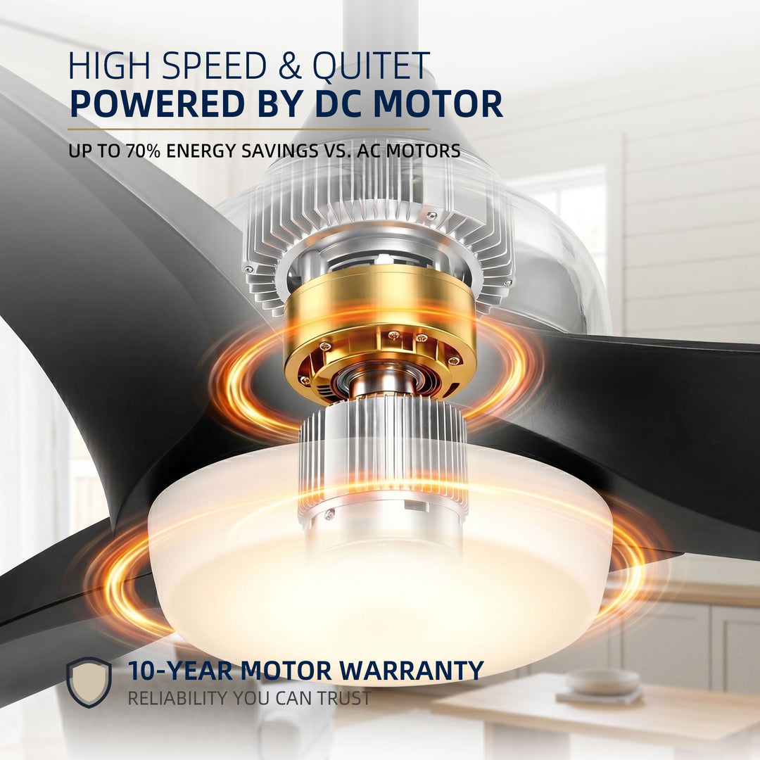 VEYRA 52-inch Modern Ceiling Fan with Light, 3 ABS Blades, DC Motor, 6 Speeds, Downrod Mount for Bedroom, Living Room