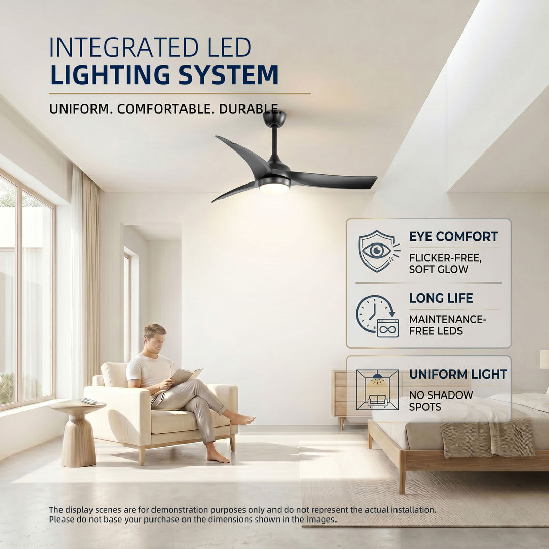 VEYRA 52-inch Modern Ceiling Fan with Light, 3 ABS Blades, DC Motor, 6 Speeds, Downrod Mount for Bedroom, Living Room
