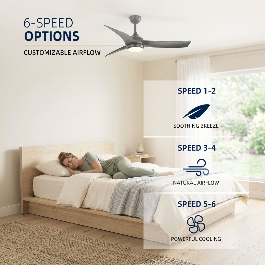 VEYRA 52-inch Modern Ceiling Fan with Light, 3 ABS Blades, DC Motor, 6 Speeds, Downrod Mount for Bedroom, Living Room