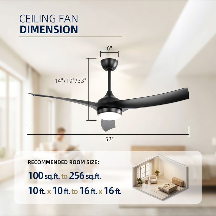 VEYRA 52-inch Modern Ceiling Fan with Light, 3 ABS Blades, DC Motor, 6 Speeds, Downrod Mount for Bedroom, Living Room