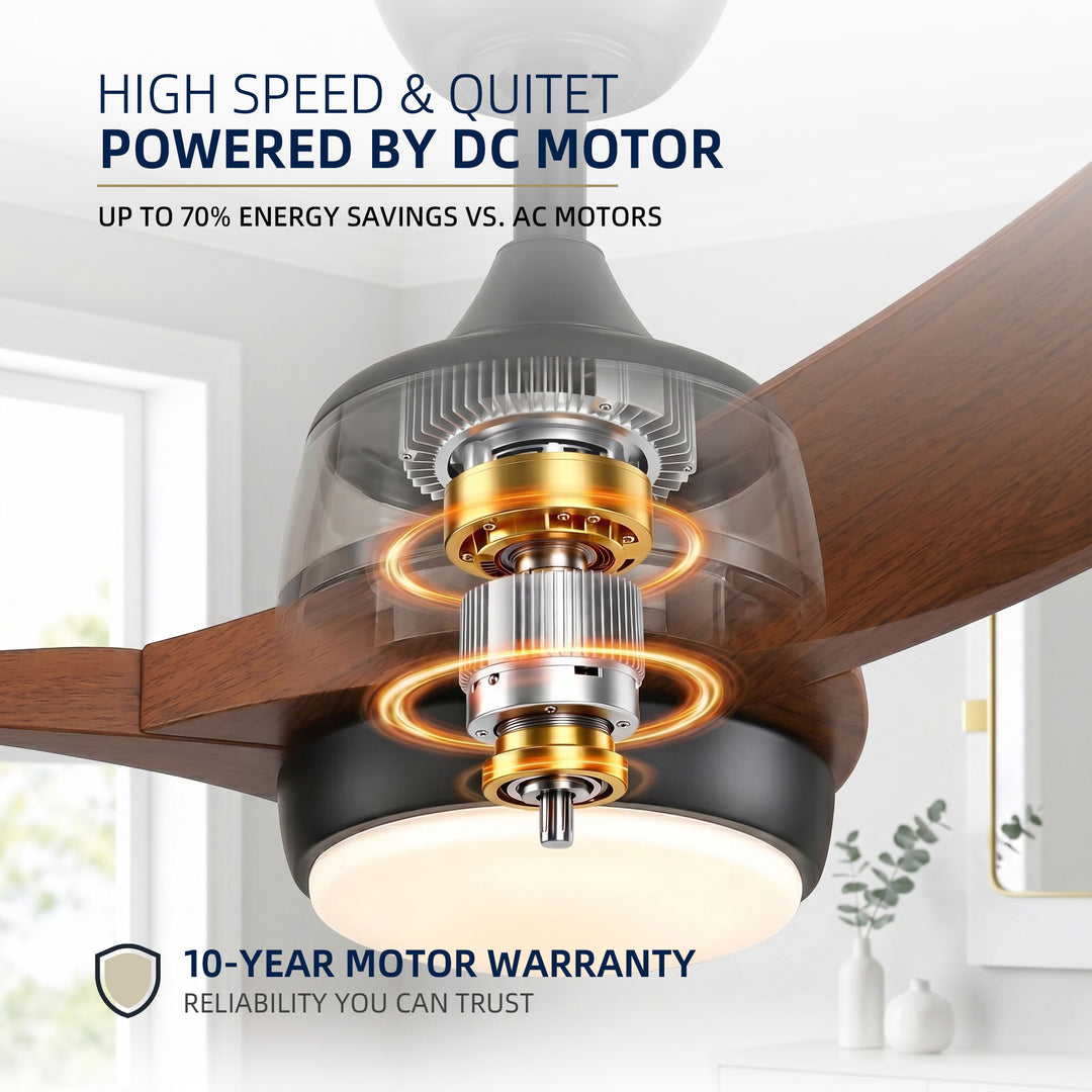 VEYRA 52-inch Modern Ceiling Fan with Light, 3 ABS Blades, DC Motor, 6 Speeds, Downrod Mount for Bedroom, Living Room