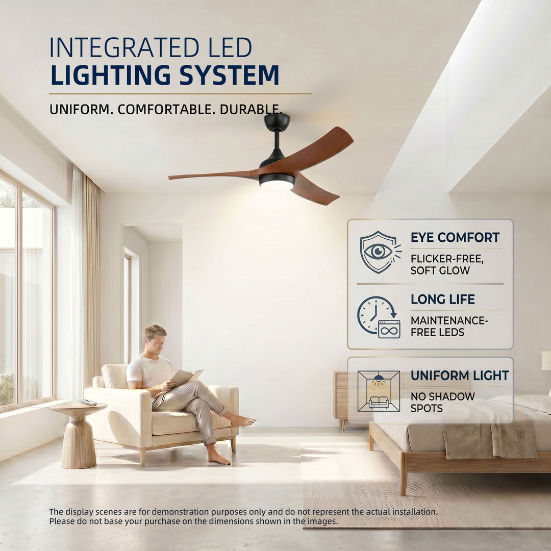VEYRA 52-inch Modern Ceiling Fan with Light, 3 ABS Blades, DC Motor, 6 Speeds, Downrod Mount for Bedroom, Living Room