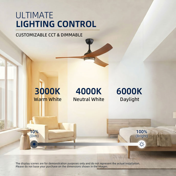 VEYRA 52-inch Modern Ceiling Fan with Light, 3 ABS Blades, DC Motor, 6 Speeds, Downrod Mount for Bedroom, Living Room