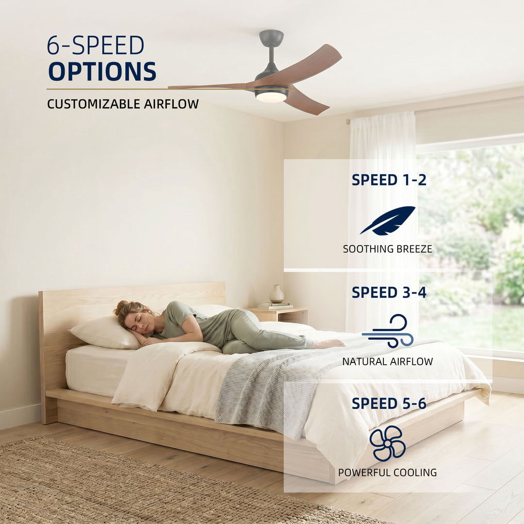VEYRA 52-inch Modern Ceiling Fan with Light, 3 ABS Blades, DC Motor, 6 Speeds, Downrod Mount for Bedroom, Living Room