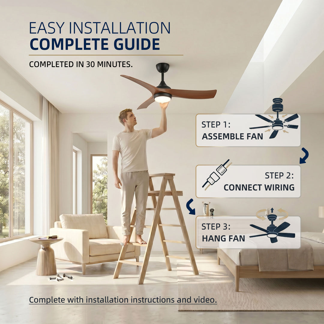 VEYRA 52-inch Modern Ceiling Fan with Light, 3 ABS Blades, DC Motor, 6 Speeds, Downrod Mount for Bedroom, Living Room