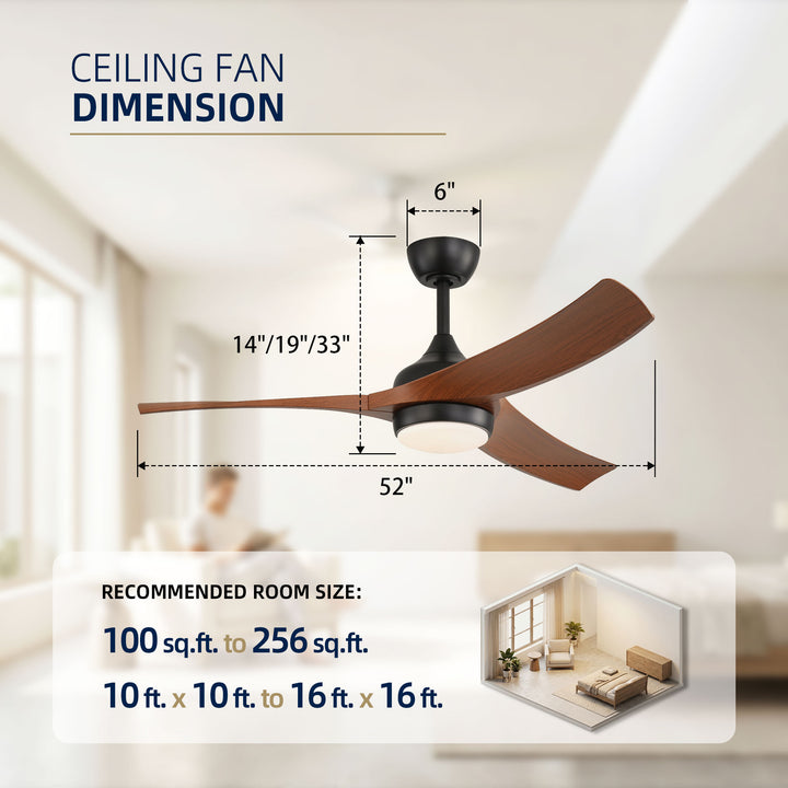 VEYRA 52-inch Modern Ceiling Fan with Light, 3 ABS Blades, DC Motor, 6 Speeds, Downrod Mount for Bedroom, Living Room