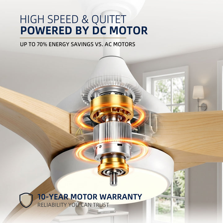 VEYRA 52-inch Modern Ceiling Fan with Light, 3 ABS Blades, DC Motor, 6 Speeds, Downrod Mount for Bedroom, Living Room