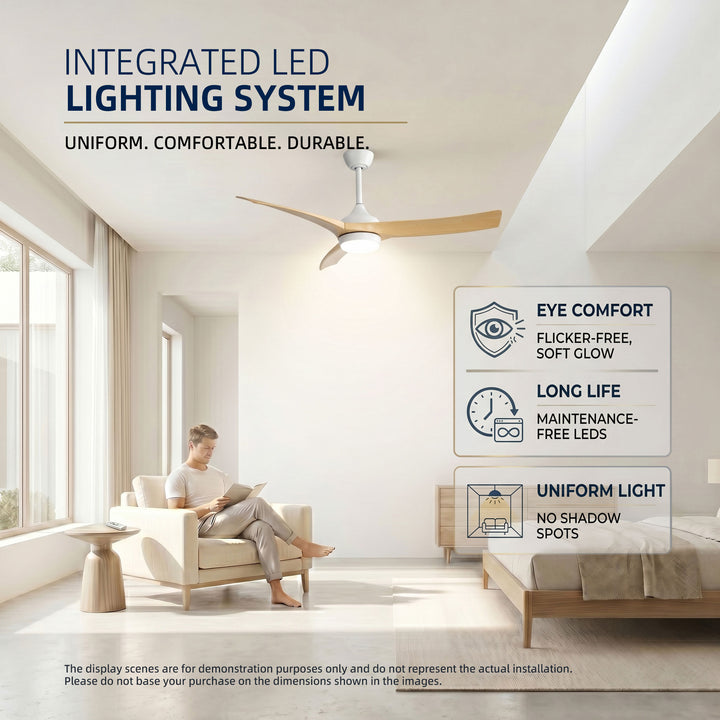 VEYRA 52-inch Modern Ceiling Fan with Light, 3 ABS Blades, DC Motor, 6 Speeds, Downrod Mount for Bedroom, Living Room