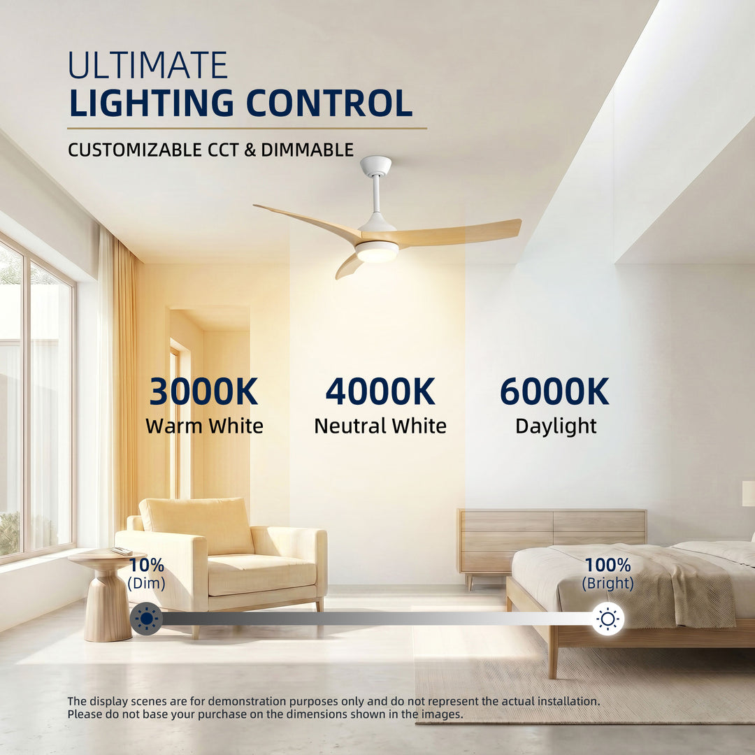 VEYRA 52-inch Modern Ceiling Fan with Light, 3 ABS Blades, DC Motor, 6 Speeds, Downrod Mount for Bedroom, Living Room