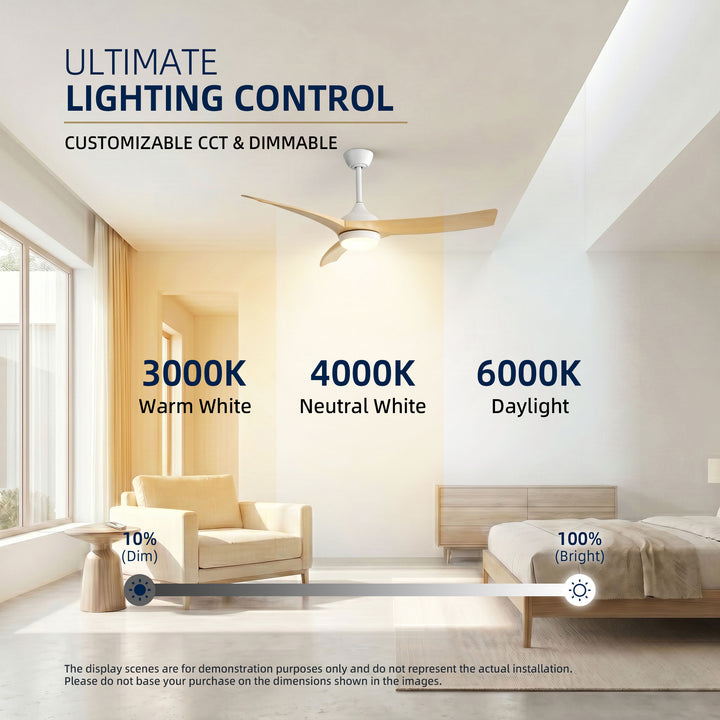 VEYRA 52-inch Modern Ceiling Fan with Light, 3 ABS Blades, DC Motor, 6 Speeds, Downrod Mount for Bedroom, Living Room