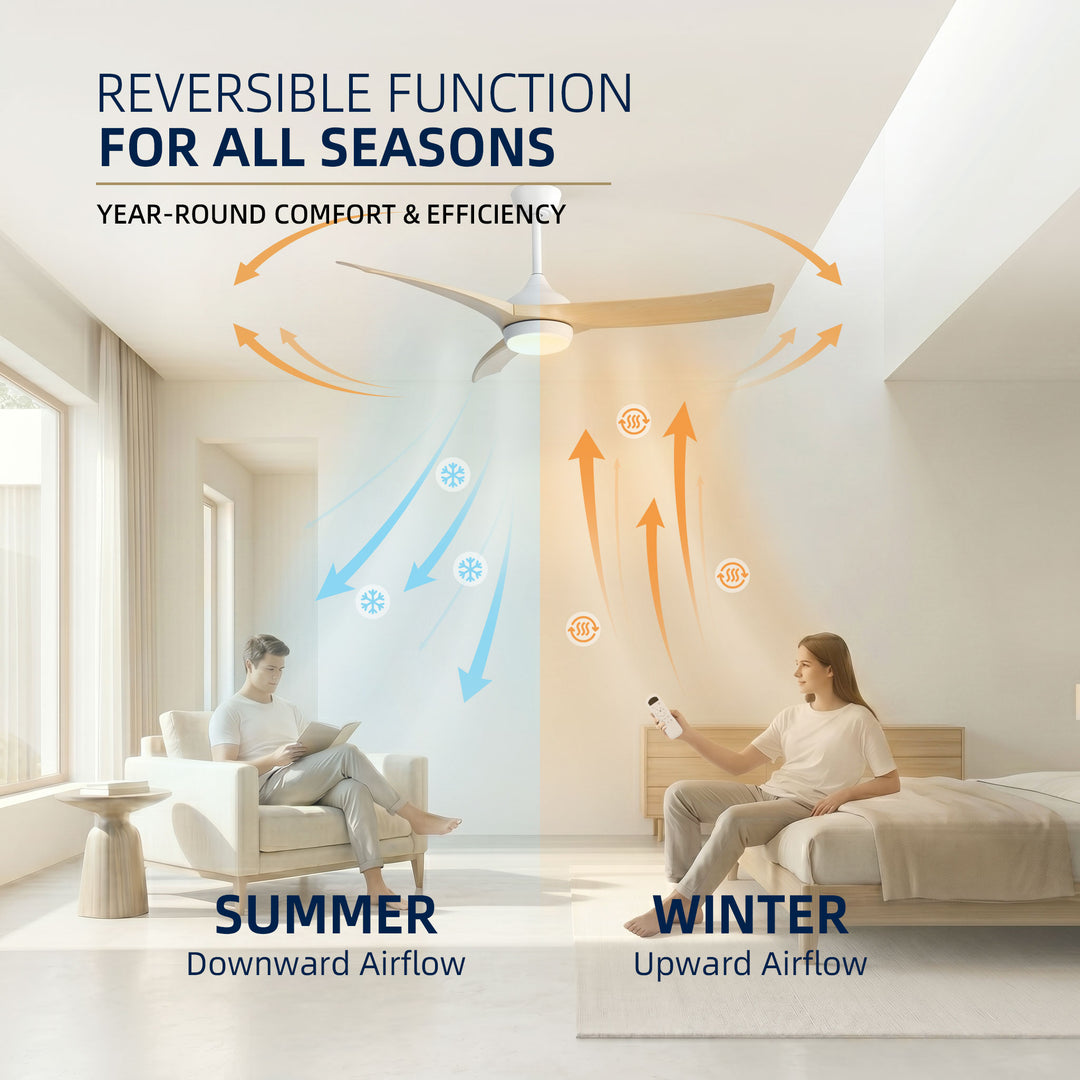VEYRA 52-inch Modern Ceiling Fan with Light, 3 ABS Blades, DC Motor, 6 Speeds, Downrod Mount for Bedroom, Living Room
