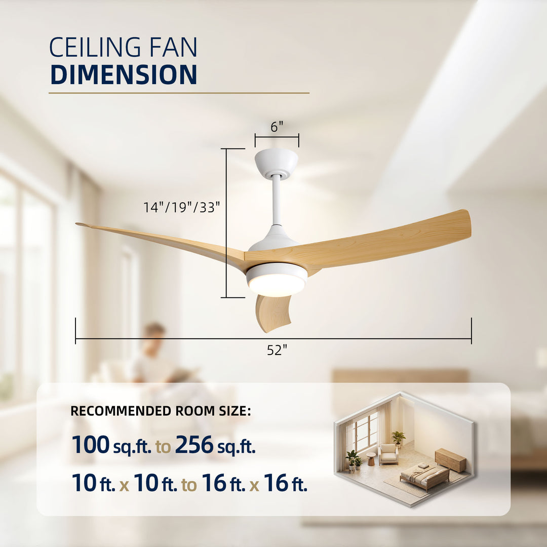 VEYRA 52-inch Modern Ceiling Fan with Light, 3 ABS Blades, DC Motor, 6 Speeds, Downrod Mount for Bedroom, Living Room